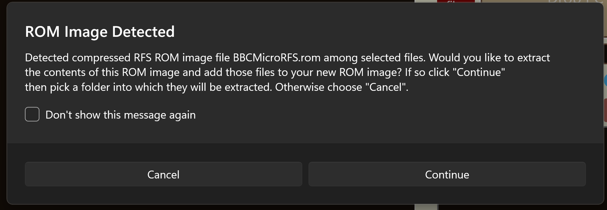 BeebRFSMaker ROM Image Detected dialog offering to extract files